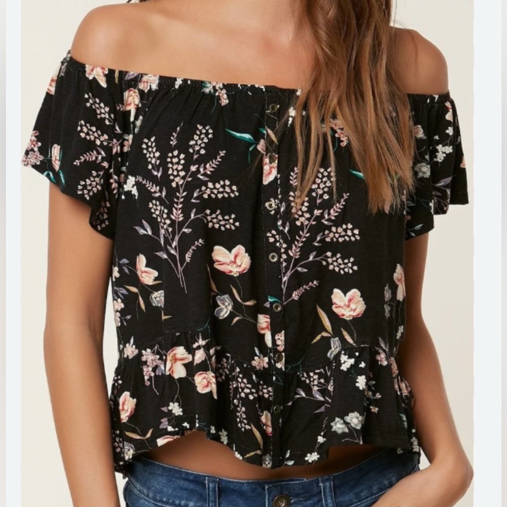 O’Neil Off-the-shoulder flowy boho floral button-front blouse S